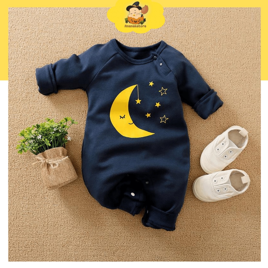 ANANAKSTORE- BAJU BAYI UNISEX / JUMPER BAYI 0-1TAHUN MOTIF BULAN / JUMPER NAVY / BAJU BAYI IMPORT BA-298