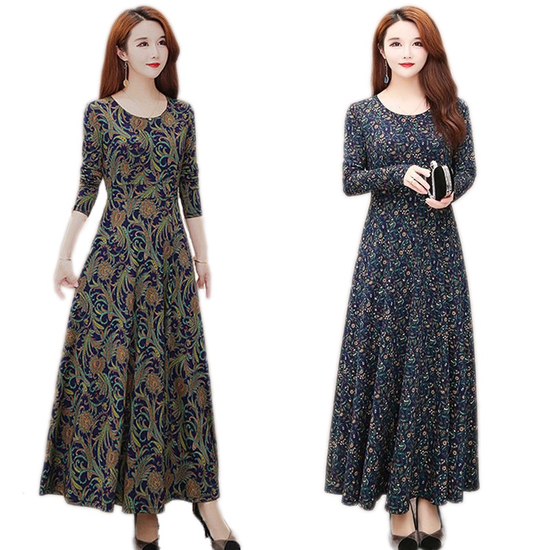 Real Foto M-4XL Gaun Maxi Wanita Lengan Panjang Elegan Slim Bunga Pleated Kasual Makan Malam Vintage Dress