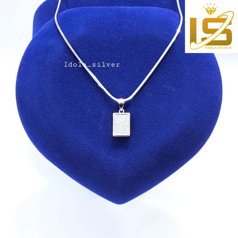 SET KALUNG PERAK ASLI SILVER 925 LAPIS EMAS PUTIH MODEL LIONTIN PERSEGI PANJANG PERMATA FULL - PERHIASAN PERAK WANITA