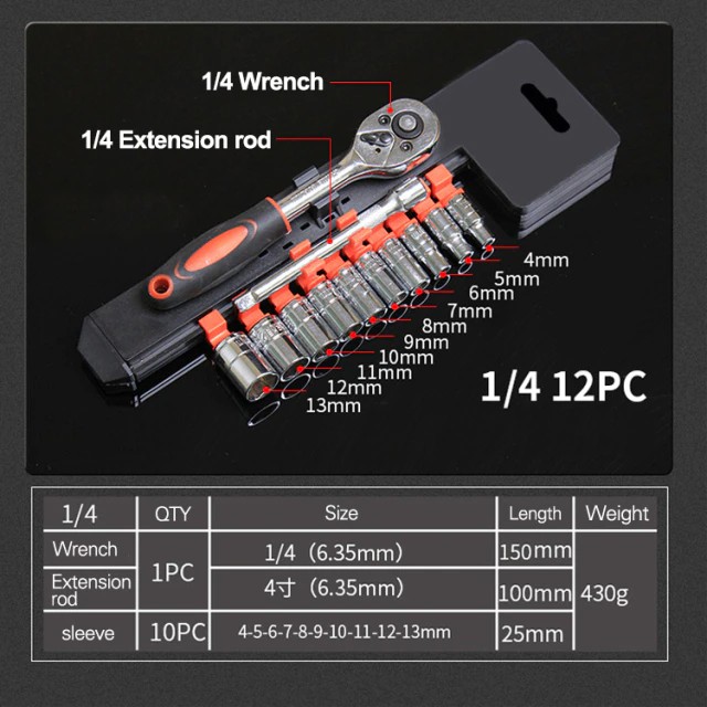 YGRETTE - Kunci Pas PERBAIKAN SEPEDA CR-V Drive Socket Wrench Set 1/4 Handle 12 PCS RATCHET SOKET