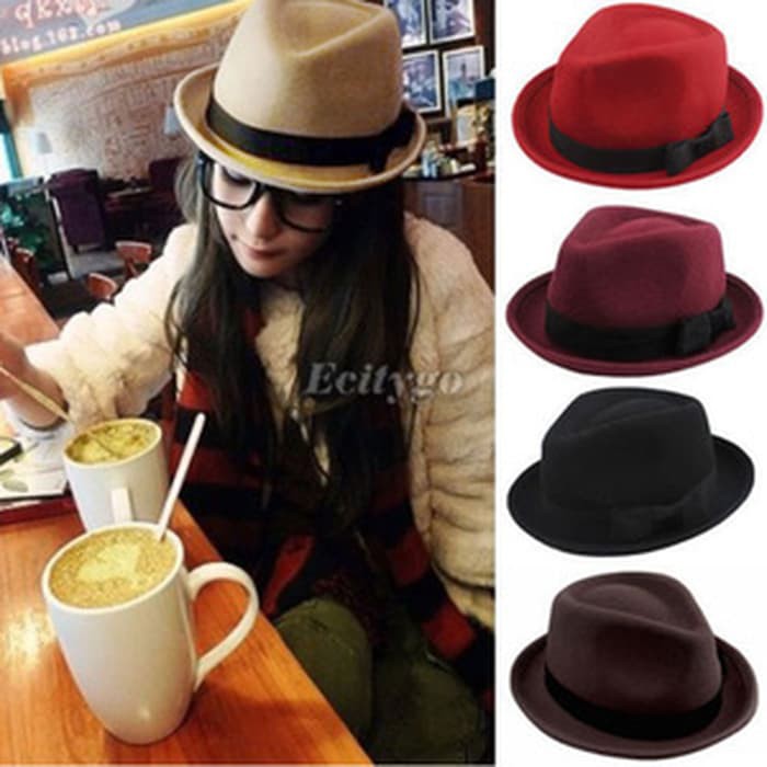 Topi Fedora beludru Warna warni polos dewasa