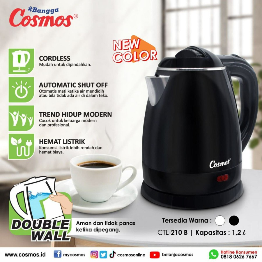 COSMOS Teko Listrik 1,2 Liter Kettle CTL 210 B - Hitam - Garansi Resmi 1 Tahun