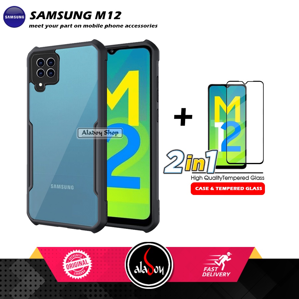 PAKET 2 IN 1 Case Samsung M12 Armor Fusion Transparent Prmium Casing Free Tempered Glass