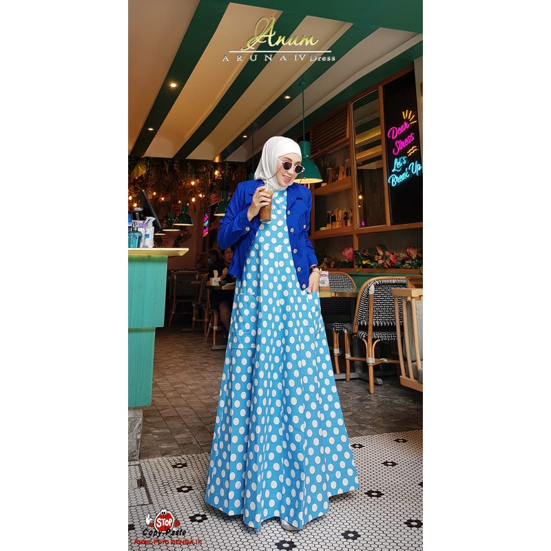 ARUNA by Anum Set Dress Motif Polkadot Jaket Cardigan Mini Polos Katun Linen Premium Original Brand 