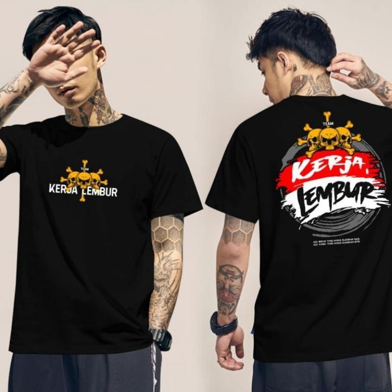 Fourfashion Kaos Pria Kaos Distro KERJA LEMBUR TENGKORAK Black FN375