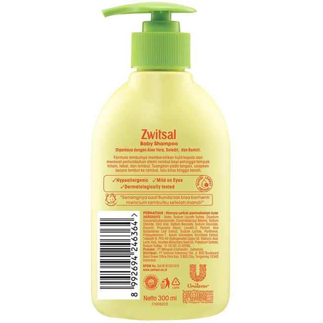 Zwitsal Baby Shampoo Natural Aloe Vera Pouch refill 250ml 250 ml