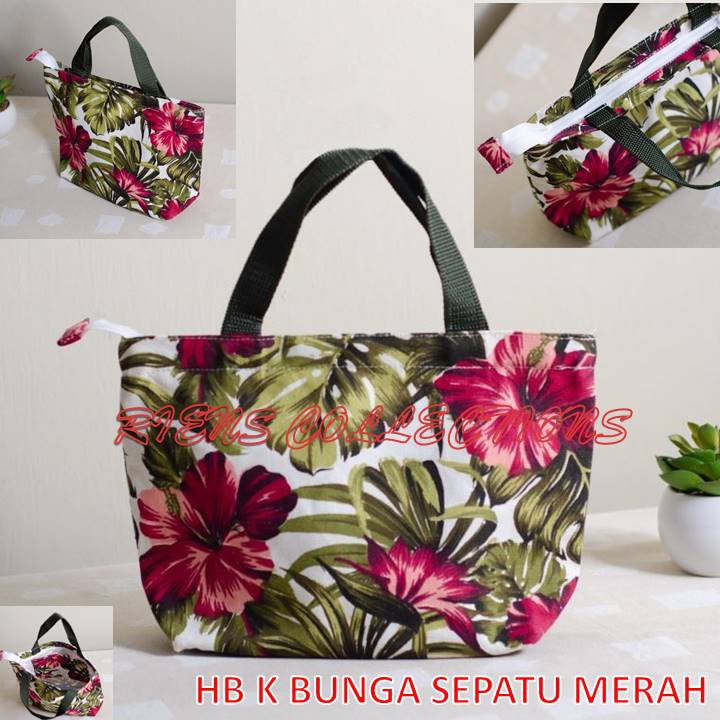 HANDBAG KANVAS MOTIF BUNGA SEPATU MERAH. Riens Collections