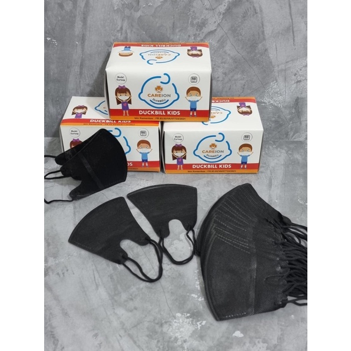 Masker Duckbill Anak CAREION Hitam &amp; Putih 1box Isi 50pcs Warna Polos Grosir