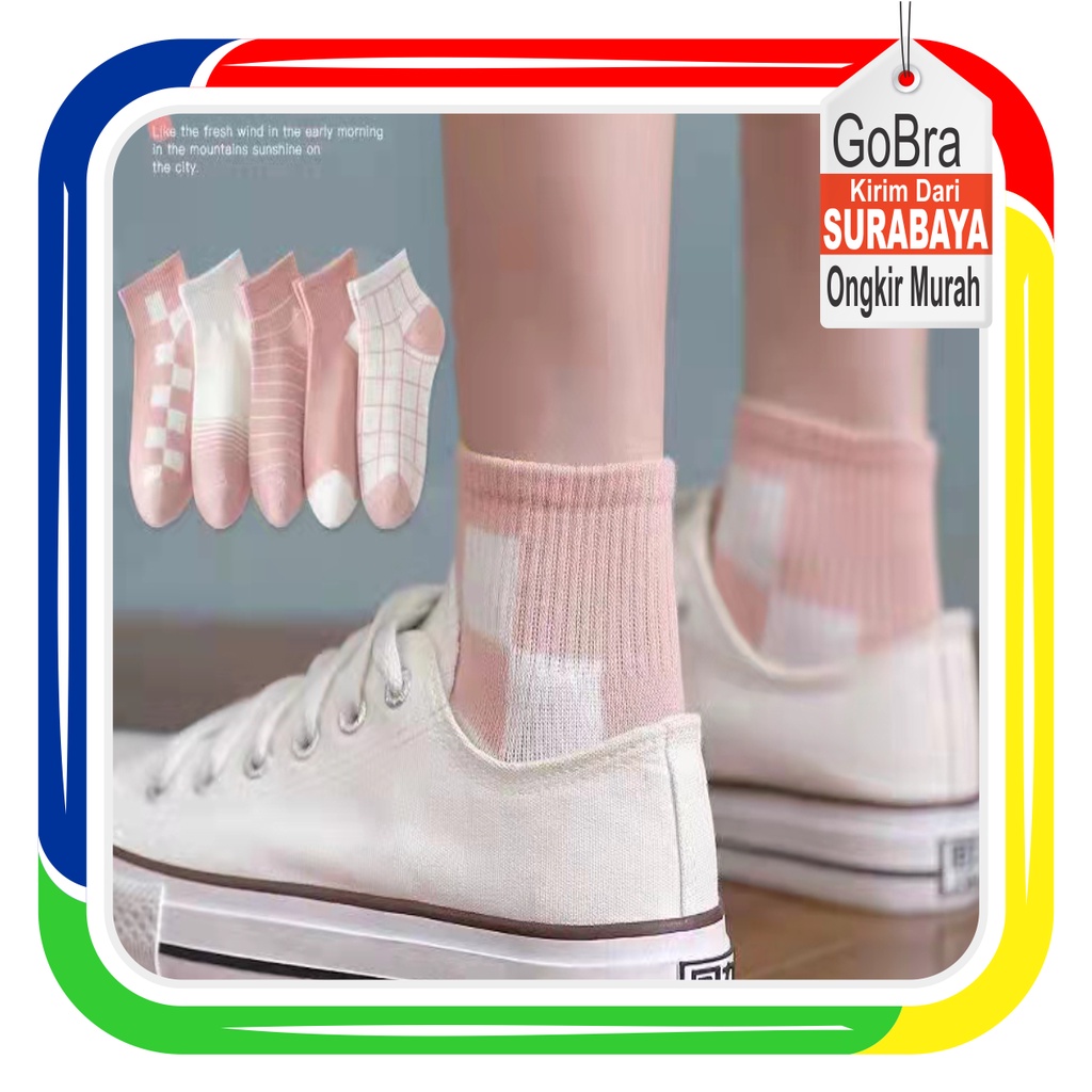 Gobra ♕ KK039 Kaos Kaki (Tanpa Kemasan) Wanita Tipis Pendek Semata Kaki Motif Pinky Kotak Fashion Korea Women Sock Import Murah