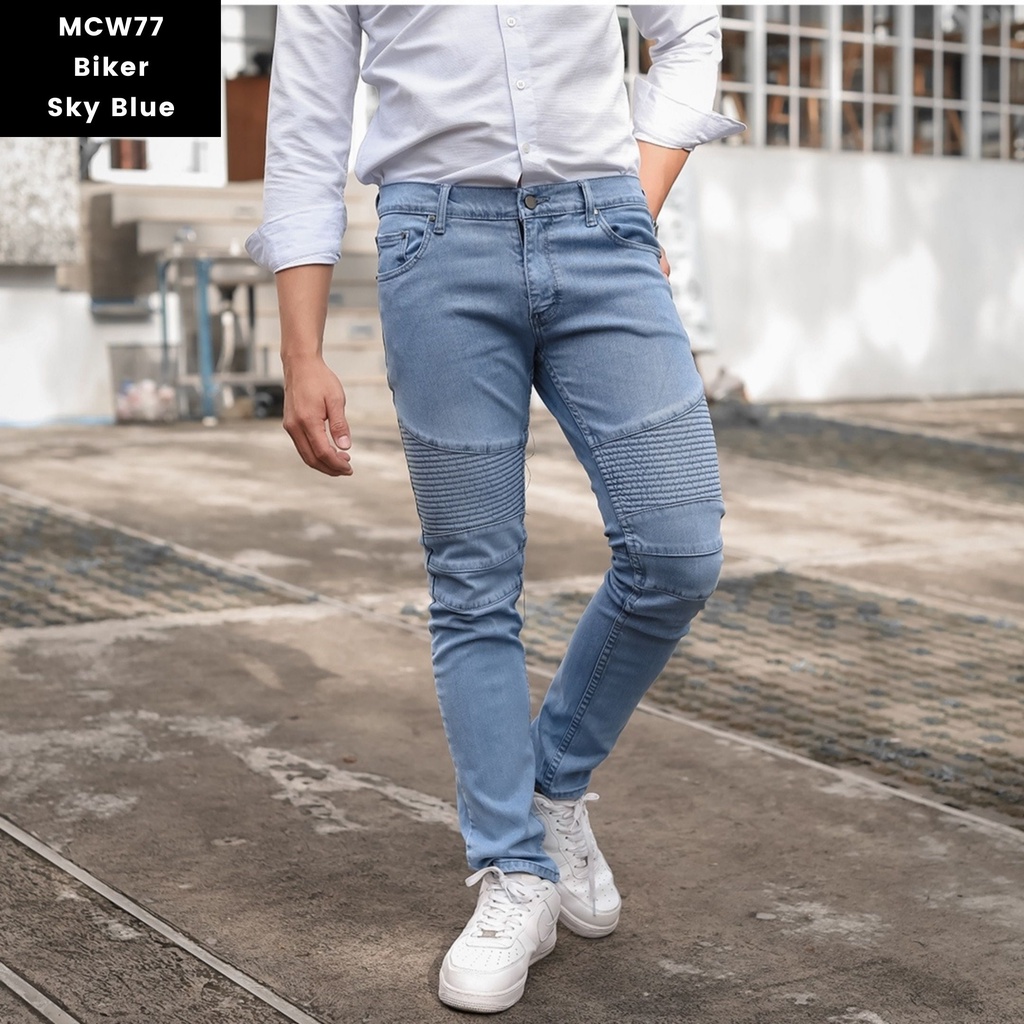 MCW77 PREMIUM SKINNY JEANS BIKERS BLUE SKY 29-34 / CELANA PANJANG BIKER BIRU MUDA / CELANA JEANS