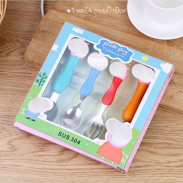 BM-070 Sendok Garpu Makan Bayi Anak Motif Pig Bahan Stainless Tebal Lucu Banget