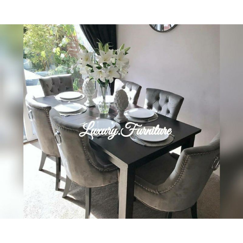 set meja makan minimalis 6 kursi sofa cantik elegan bahan kayu jati finishing hitam dan kain bludru