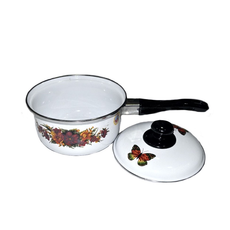 PANCI SUSU ENAMEL / SAUCE PAN 16 CM GAGANG HITAM DENGAN TUTUP