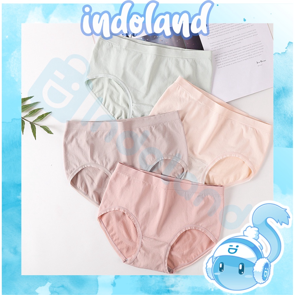 INDOLAND Celana Dalam Wanita Briefs Elastis Seamless Mid Waist Bahan Katun B066