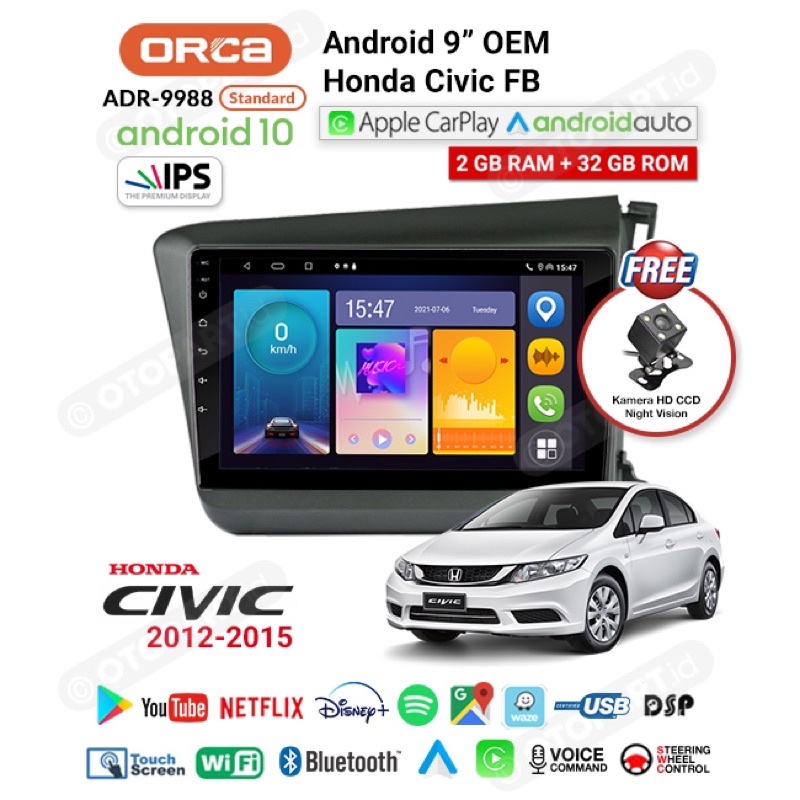 Head Unit Android Civic FB 2012-2015 Orca 9988 Auto Apple Car Play