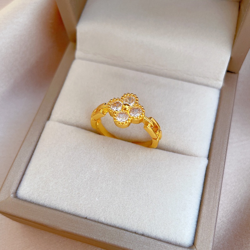 Cincin Titanium (Terbuka) Bunga Keberuntungan Cantik Berlian Lapis Emas 18K Perhiasan Wanita Korea