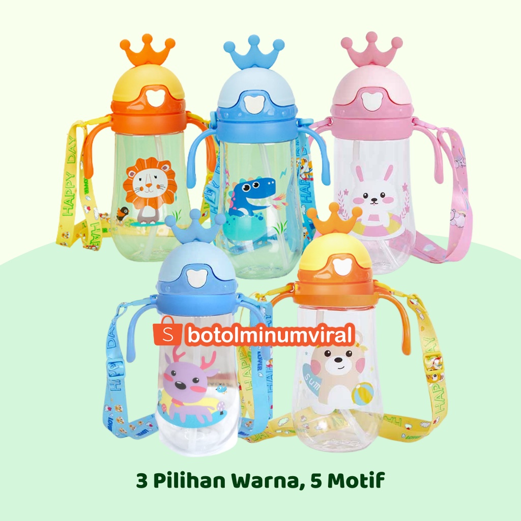 Botol Minum Anak Sekolah TK SD Ada Tali Sedotan BPA FREE Import 450ml Mahkota Premium