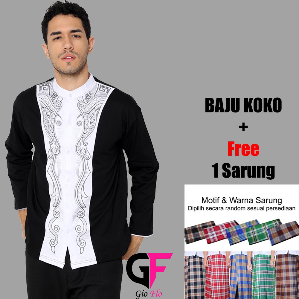 Kemeja Koko Pria Lengan Panjang Bordir + Free Sarung (Banyak Pilihan Warna)