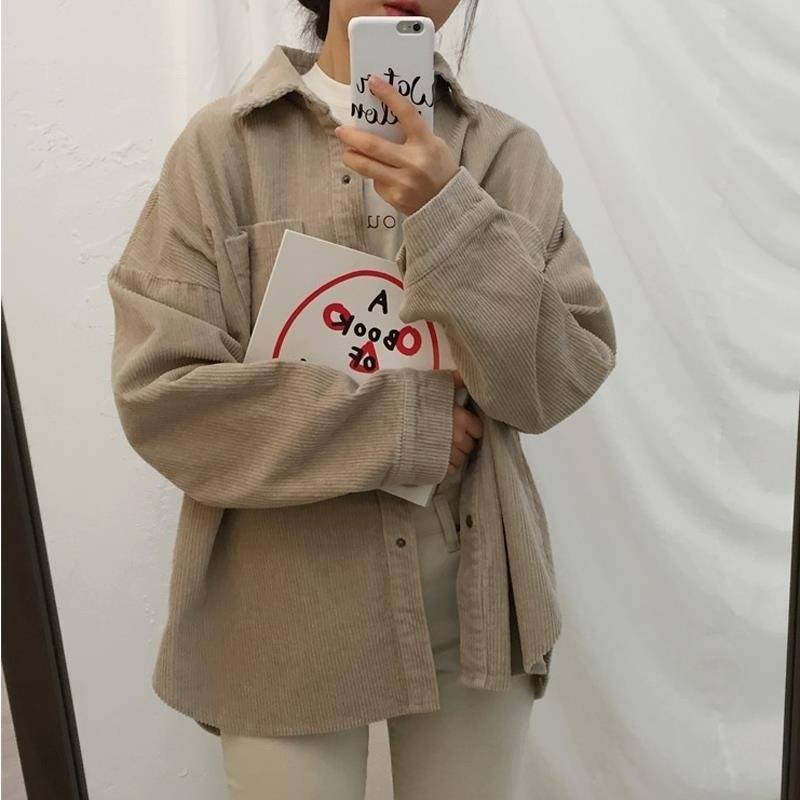 [chaoo.id]Penjualan jaket wanita terbaru  wanita korean style button jacket murah jaket wanita Atasan Wanita Oversize Kasual/jaket korduroi pendek retro wanita warna solid atasan korea style-6