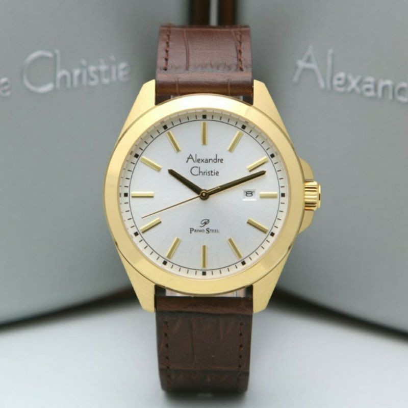 JAM TANGAN PRIA ALEXANDER CHRISTIE AC 1015 KULIT GOLD BROWN