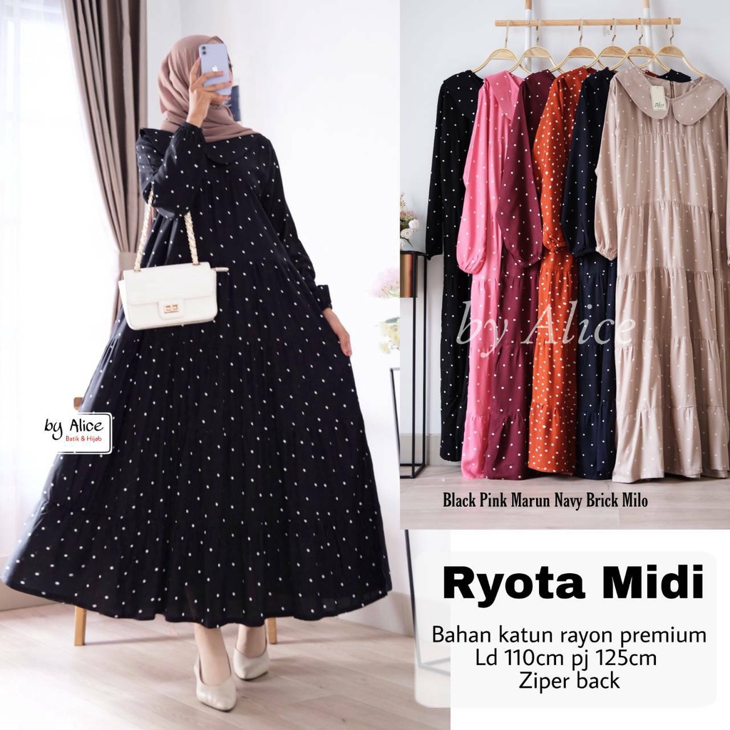 RYOTA MIDI DRESS / 18.7 / BAHAN KATUN RAYON PREMIUM / LD 110 CM / PB 125 CM / ALLSIZE / FIT JUMBO / ALICE