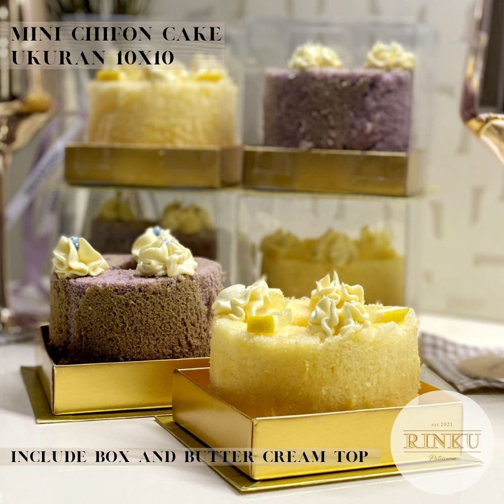 

Mini Chiffon Cake. Kue Telur Omega. Premium Quality. Sehat Bernutrisi. Mini Cake dengan dekorasi Cream Frosting. Free Box + Pita