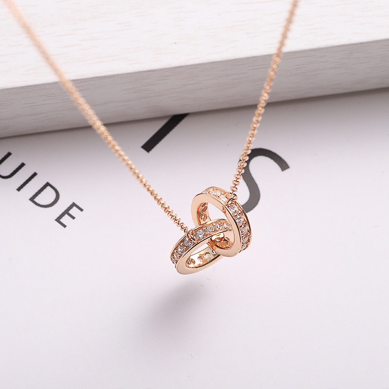 Set Kalung Rantai Klavikula Cincin Ganda Berlian Penuh Warna Rose Gold Silver Untuk Wanita