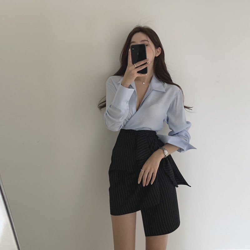 Blus setelan geng + set dua potong rok A-line pinggang tinggi