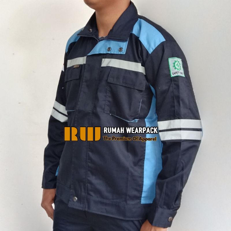 Semi Jacket Safety Wearpack Safety Jaket Kerja Atasan Navy Kombinasi Biru Langit