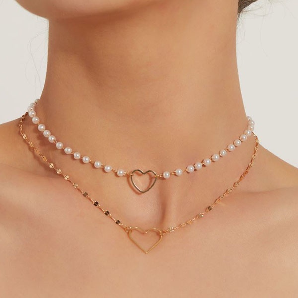 choker hati double layer heart shaped multilayer necklace jka224 (3D2)