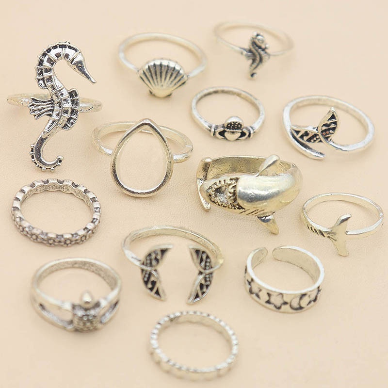 13pcs / set Cincin Sendi Jari / Knuckle Desain Ekor Ikan Gaya Eropa / Amerika Untuk Wanita