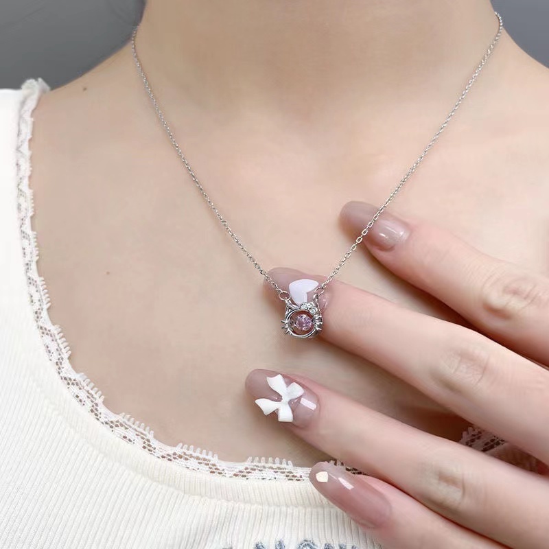 Roselife Kalung Rantai Silver Liontin Hati / Kucing Hias Kristal Pink Gaya Korea Untuk Wanita