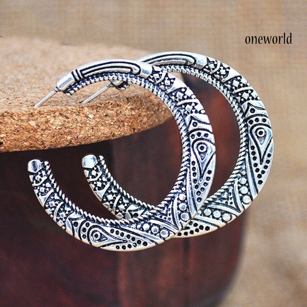 OW# Vintage Women Silver Plated Carved Circle Dangle Ear Stud Earrings Jewelry Gift