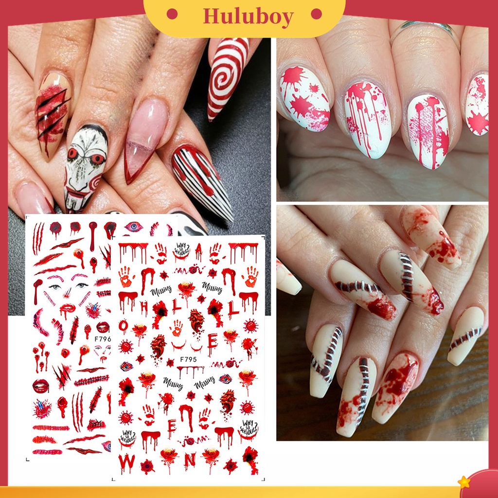 Huluboy Huluboy♡ 2pcs / Set Stiker Kuku Motif Tangan Berdarah Mata Merah Untuk Halloween