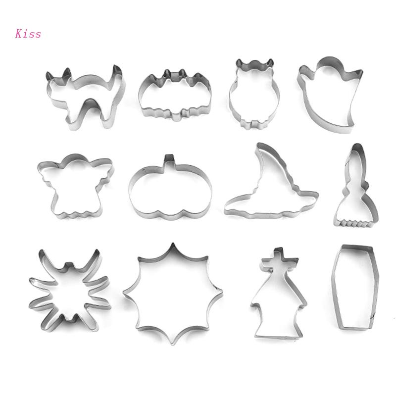 12 Pcs Cetakan Pemotong Kue Kering Biskuit Fondant Bahan Stainless Steel Seri Halloween