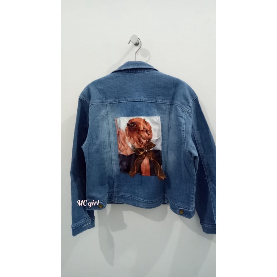 MC girl - Jaket Jeans Gambar Belakang Wanita / Jacket Denim Polos Sequin Gambar Pita 3D Cewek