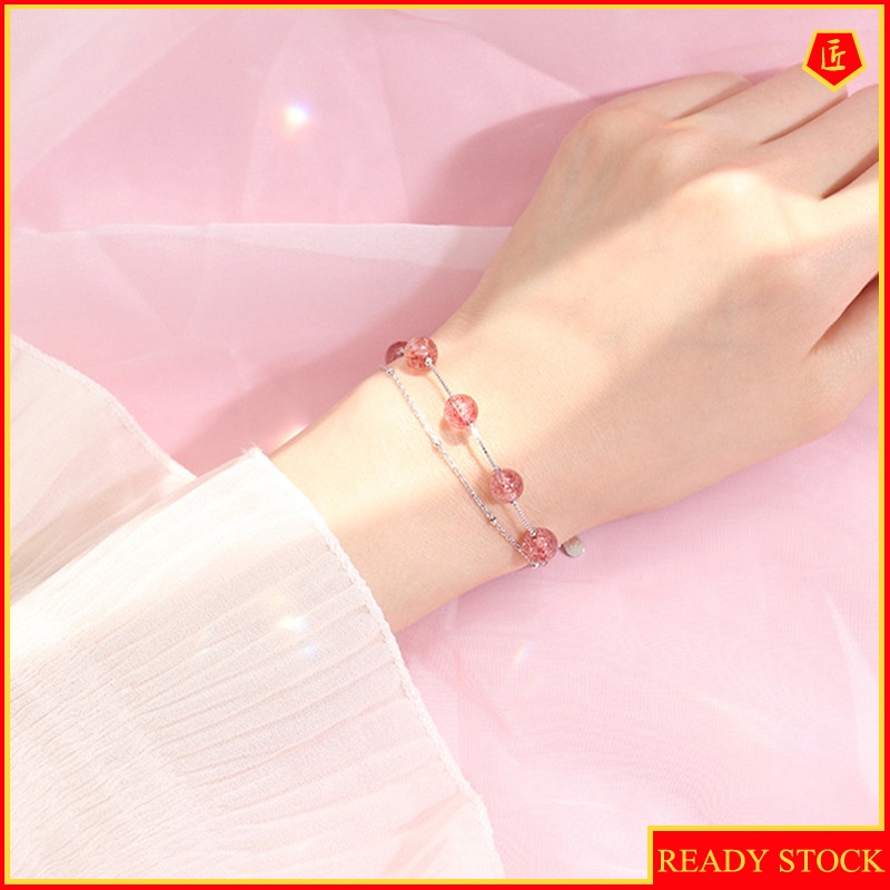 [Ready Stock]Double Layer Strawberry Quartz Silver Bracelet Female