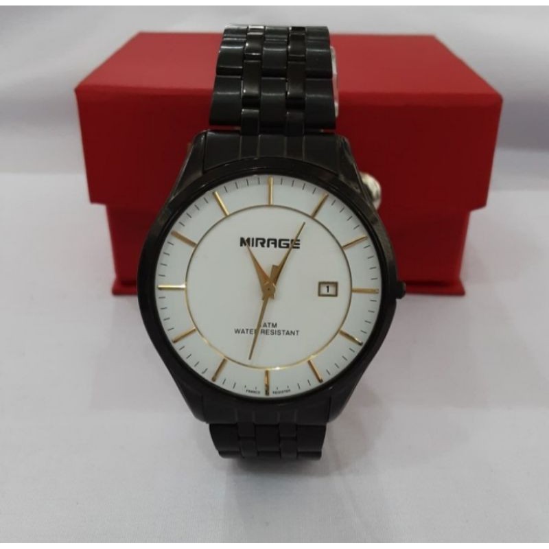 jam tangan pria;MIRAGE M8544BRP-Lhitam plat putih~ORIGINAL WATER RESISTANT~TGL~STAINLESS