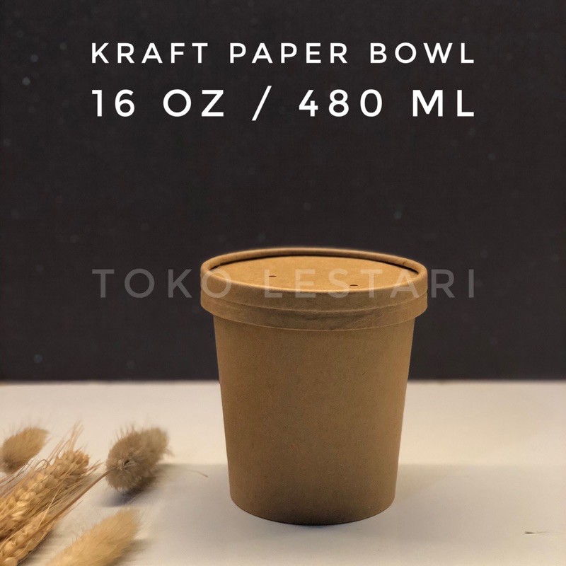 Kraft Paper Bowl 16 Oz + Lid Food Grade Untuk Soup cup / Ice Cream cup dll