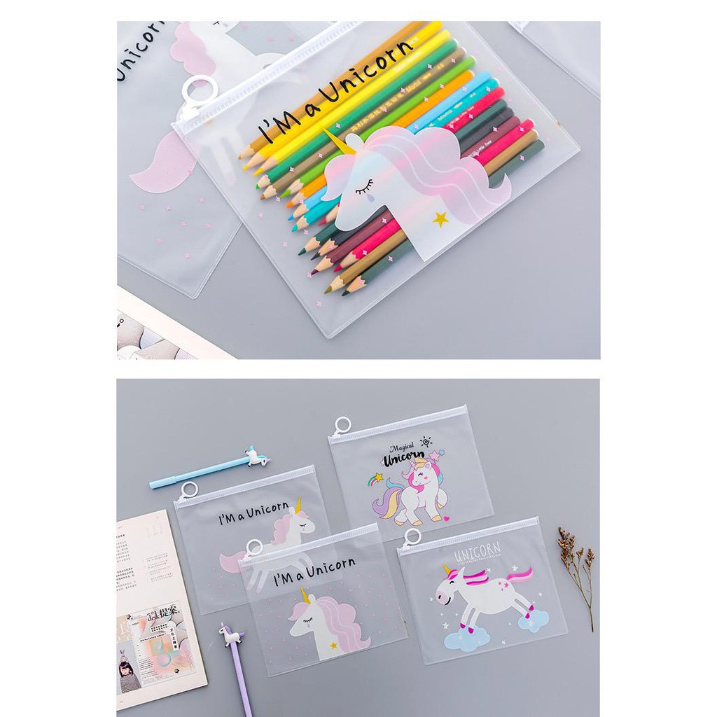 Tempat Pensil / Tas Pounch Kosmetik Transparan Pencil Motif Karakter Unicorn Impor / AC 08