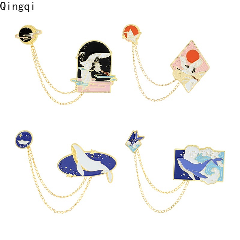 Whale Bros Pin Enamel Model Bintang / Bulan / Perahu / Burung Bangau / Laut / Ikan Paus / Matahari Gaya Jepang Untuk Wanita