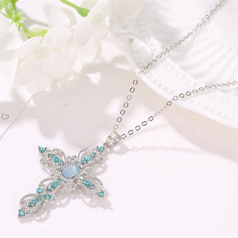 925 Sterling Silver Cross Pendant Inlaid Blue Crystal Diamond Necklace Women Jewelry Bride Wedding Accessories