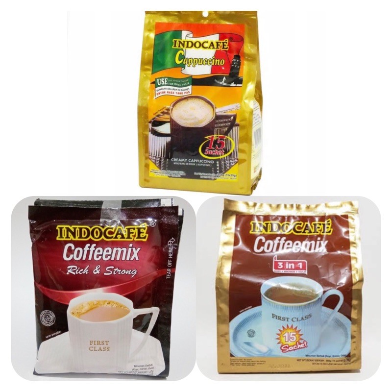 

INDOCAFE Coffeemix & INDOCAFE Cappuccino 1 Bungkus isi 15 bks