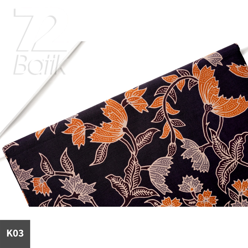 KAIN BATIK KATUN Premium Motif Kembang Warna Hitam Orange Oranye 727542 Cap 72 Jarik Jarit Samping Kebat Panjang Batik Katun Modern Premium Bahan Seragam Batik Pernikahan Kantor Keluarga Murah Kamen Jadi Batik Bali Lembaran