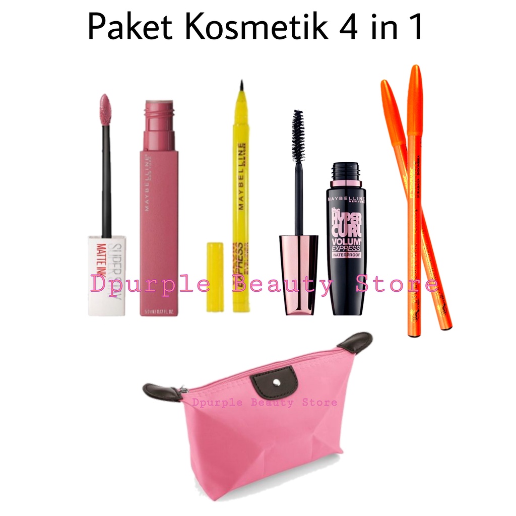 Paket Kosmetik Maybelline Super Hemat Lengkap 10 In 1 - Bedak Tabur - Bedak Padat &amp; Basah - Fondation - Concealer - Contour - Eyeshadow Dompet - Maskara - Eyeliner - Lipcream - Pensil Alis - Beauty Blender - Tas Kosmetik Pouch