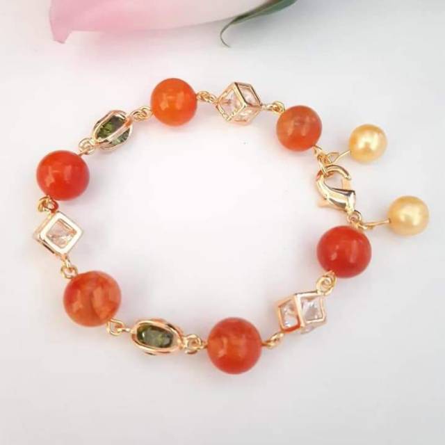 Gelang mutiara air tawar lombok asli dengan batu giok rangka rodhium lapis emas gratis bros cantik