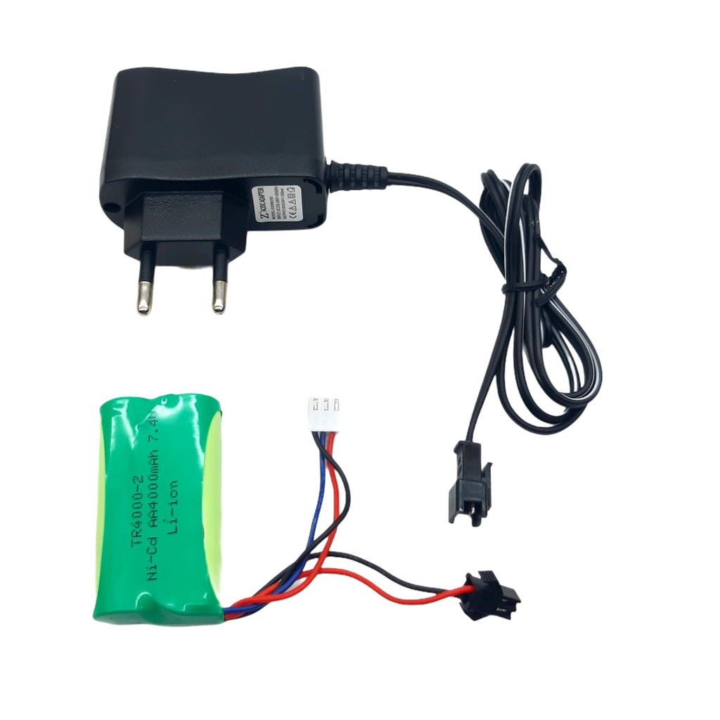 Charger + Baterai Mobil Remot RC 14500 Li-ION 7.4V - 4000mAh Dobel Socket Hitam Dan Putih