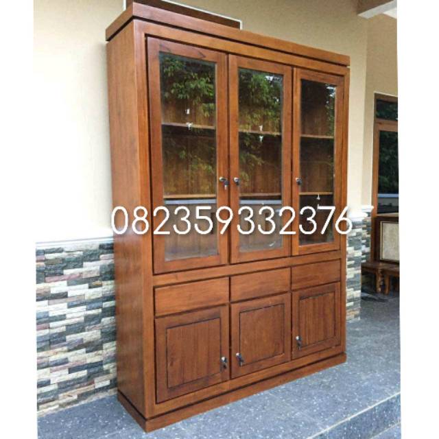 Lemari pajangan kaca kayu jati