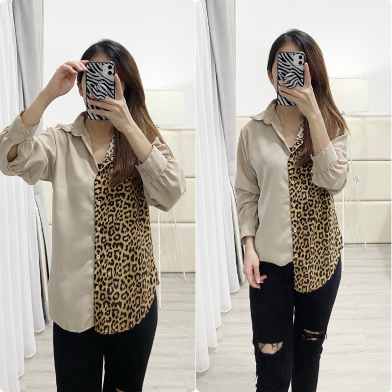 Kemeja kombi leopard / kemeja twotone / tshirt wanita / kemeja casual wanita K 11030