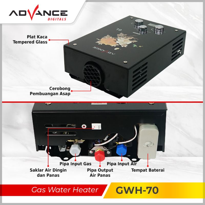 Advance Water Heater Gas 6 Liter GWH-70 LED Display Tempered Glass